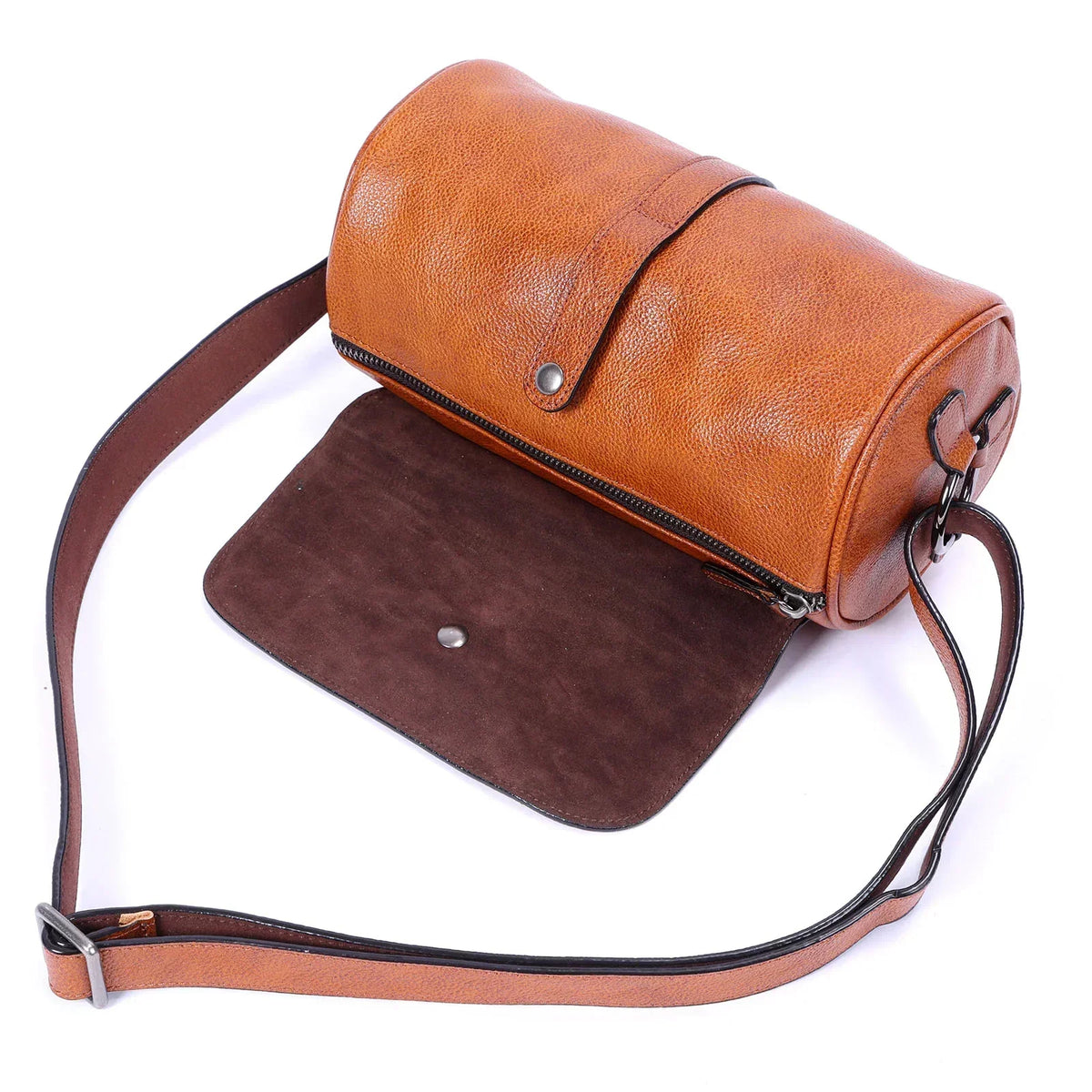 Men’s Leather Barrel Bag - Mini Cylinder Crossbody with Flap