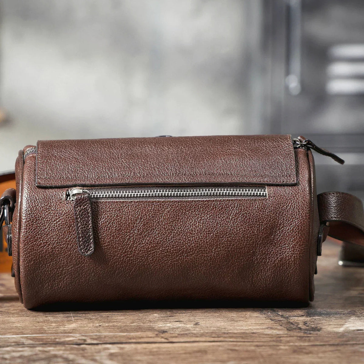 Men’s Leather Barrel Bag - Mini Cylinder Crossbody with Flap