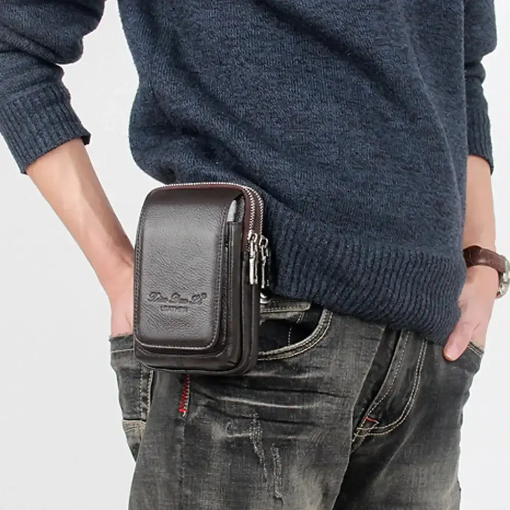 Men’s Leather Belt Bag - Slim Vertical Hip Pouch