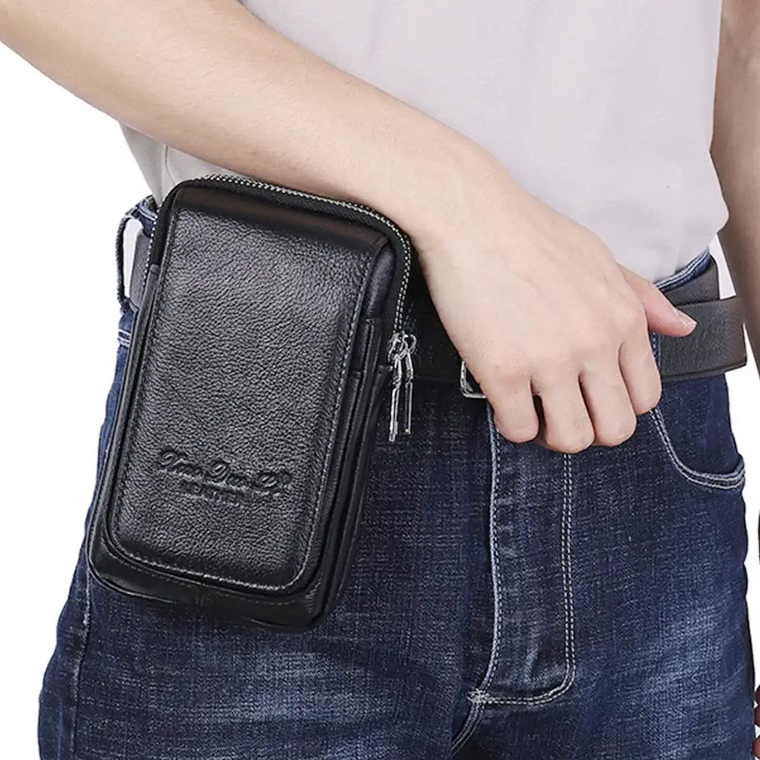 Men’s Leather Belt Bag - Slim Vertical Hip Pouch