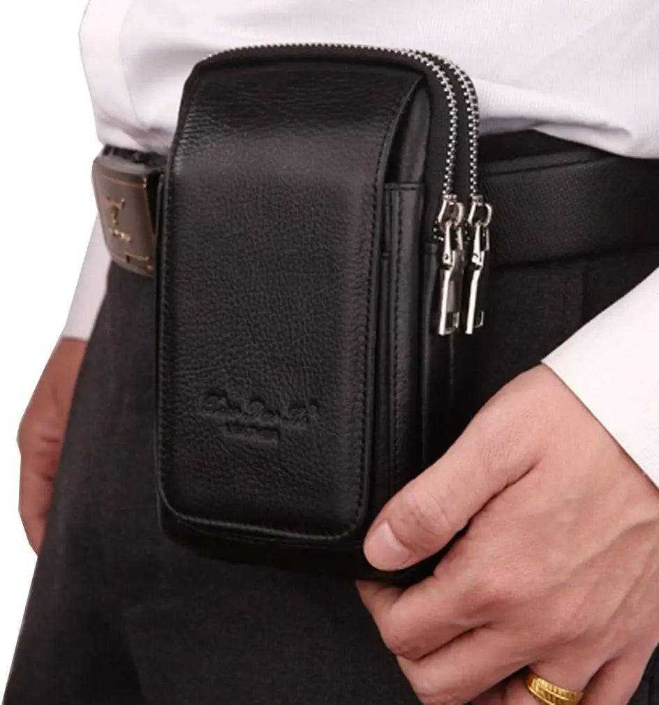 Men’s Leather Belt Bag - Slim Vertical Hip Pouch