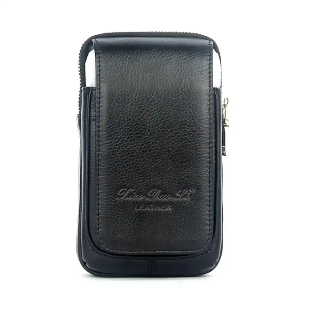 Men’s Leather Belt Bag - Slim Vertical Hip Pouch - Black