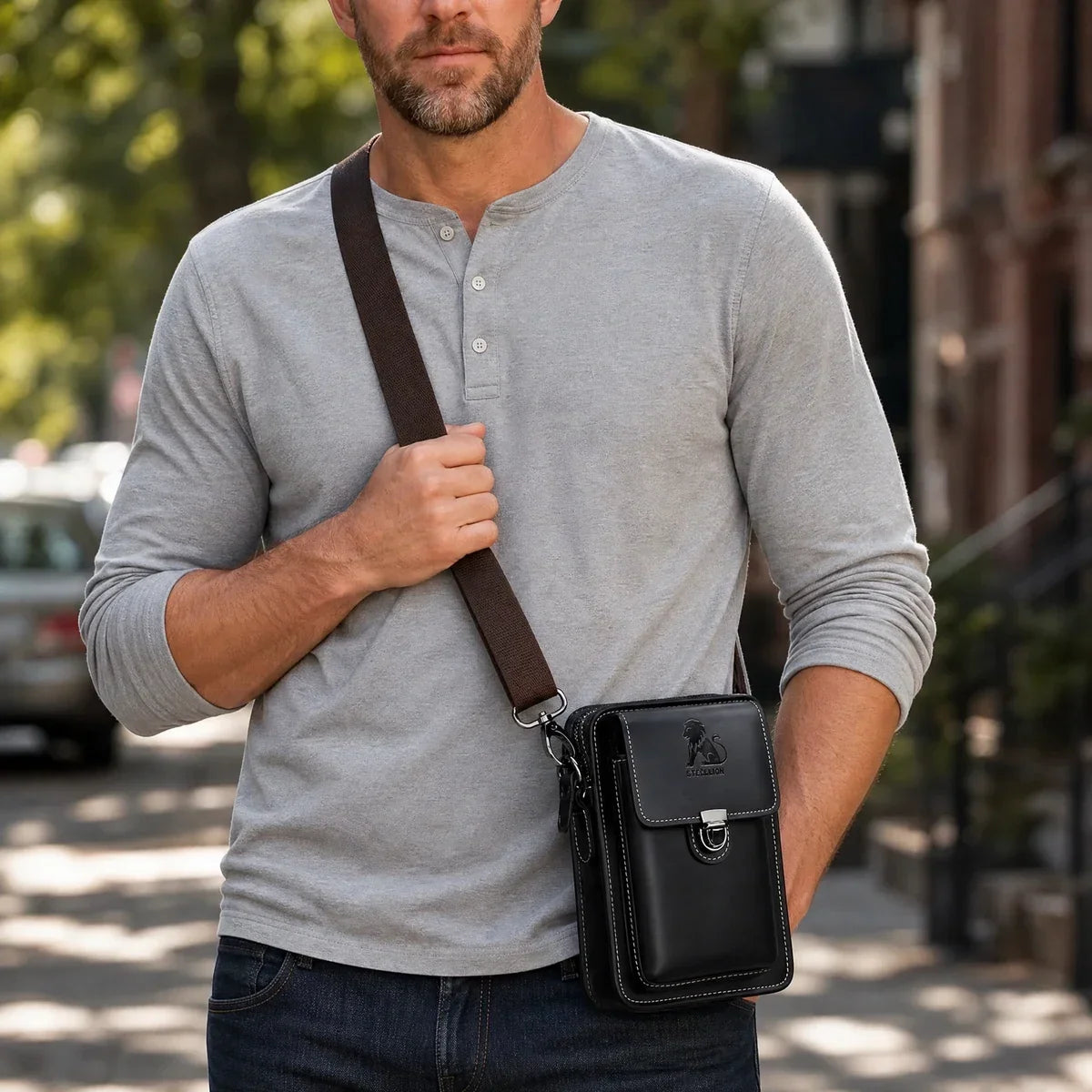 Men’s Leather Belt Phone Holster with Shoulder Strap