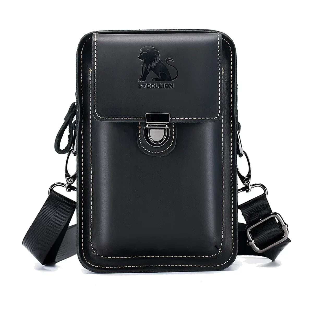 Men’s Leather Belt Phone Holster with Shoulder Strap - Black