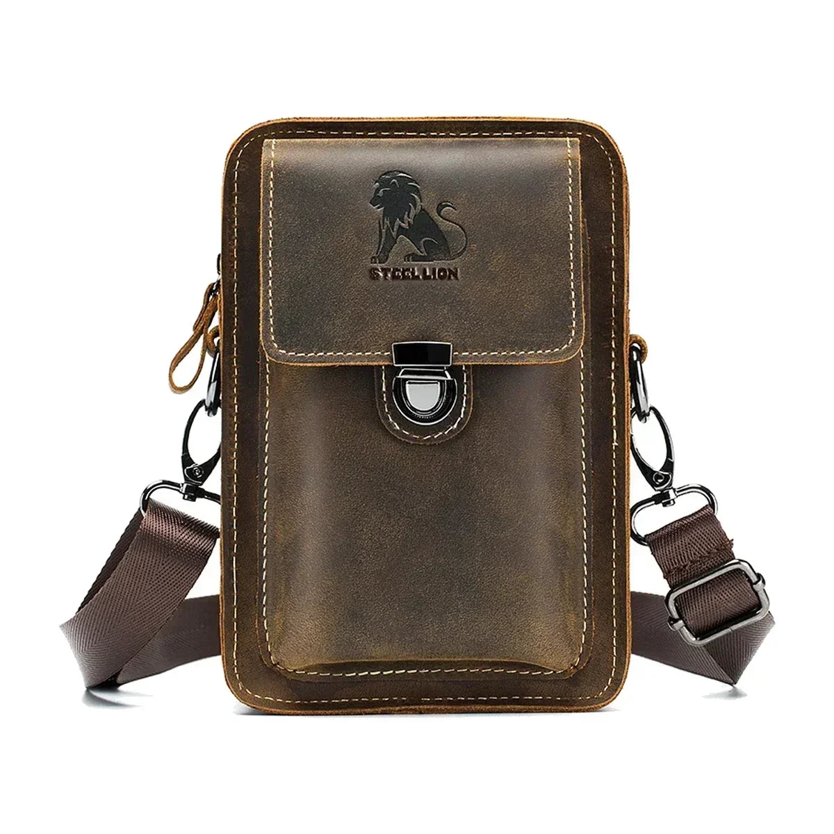 Men’s Leather Belt Phone Holster with Shoulder Strap - Brown