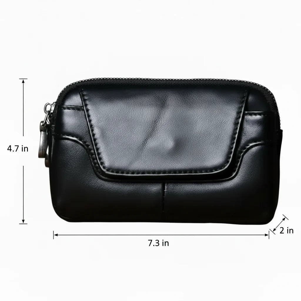 Men’s Leather Belt Pouch - 2-Compartment Zip Waist Bag