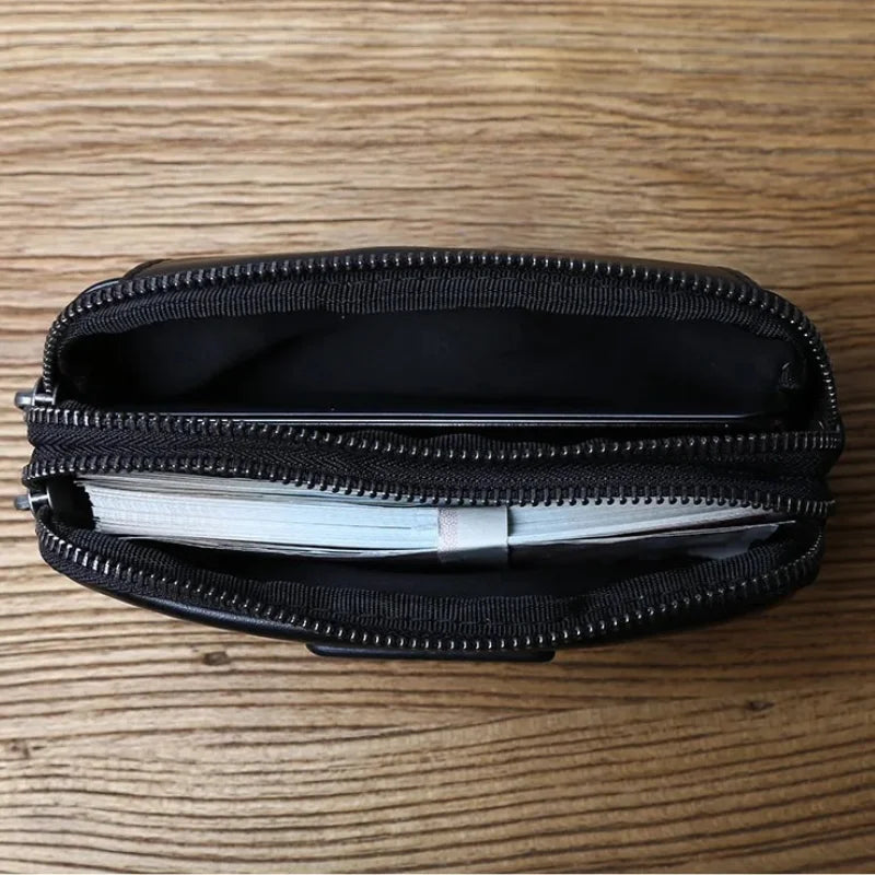 Men’s Leather Belt Pouch - 2-Compartment Zip Waist Bag