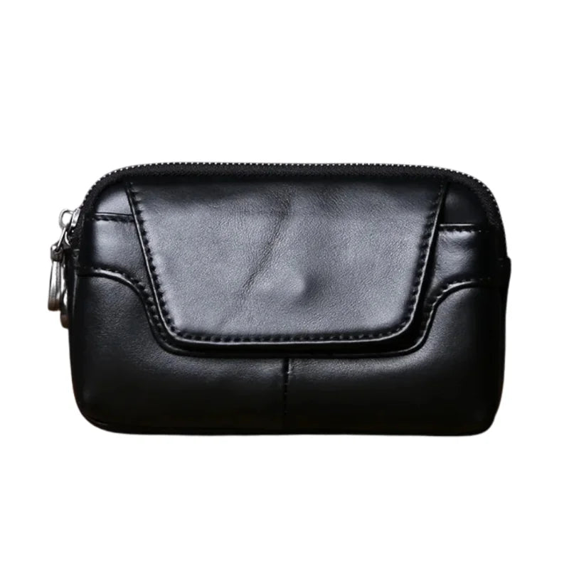 Men’s Leather Belt Pouch - 2-Compartment Zip Waist Bag
