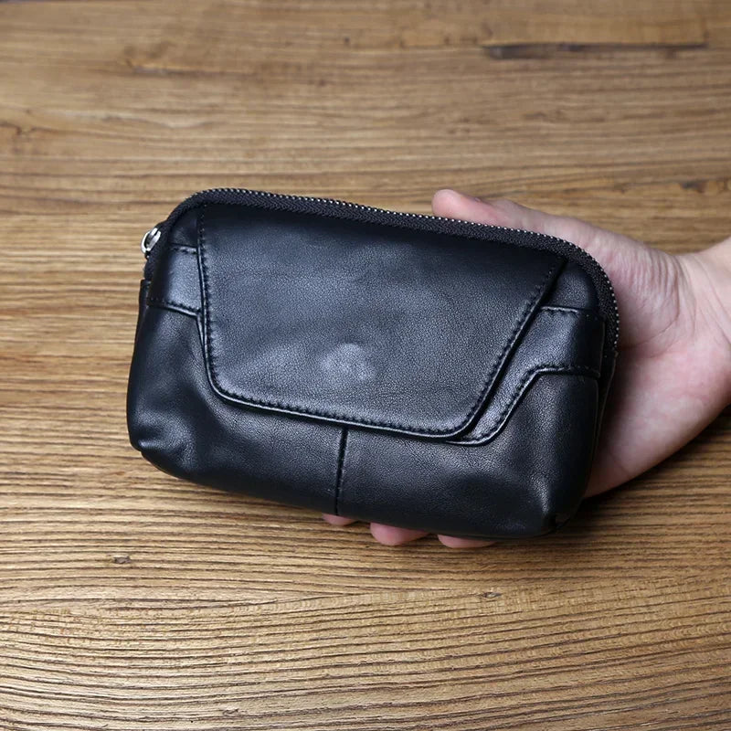 Men’s Leather Belt Pouch - 2-Compartment Zip Waist Bag