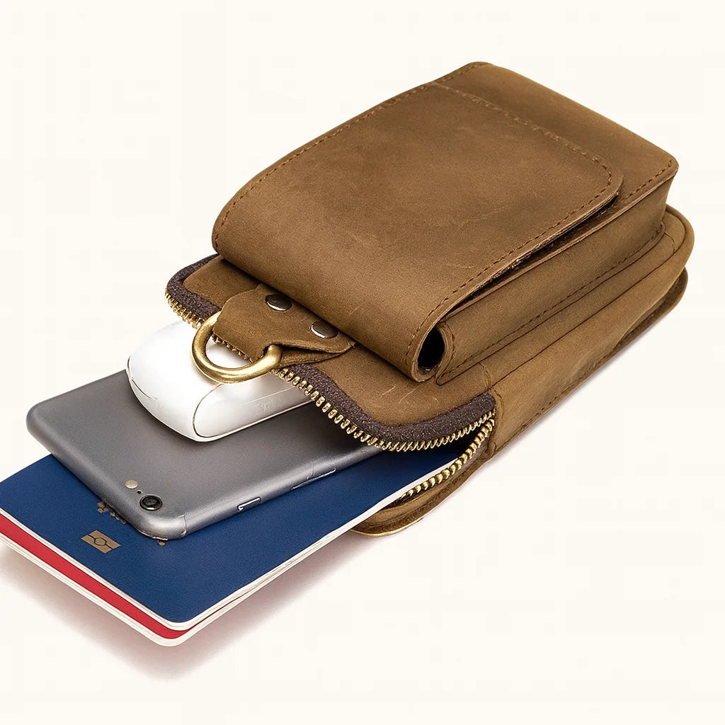 Men’s Leather Belt Pouch - Phone Holster with Belt Loop & Clip