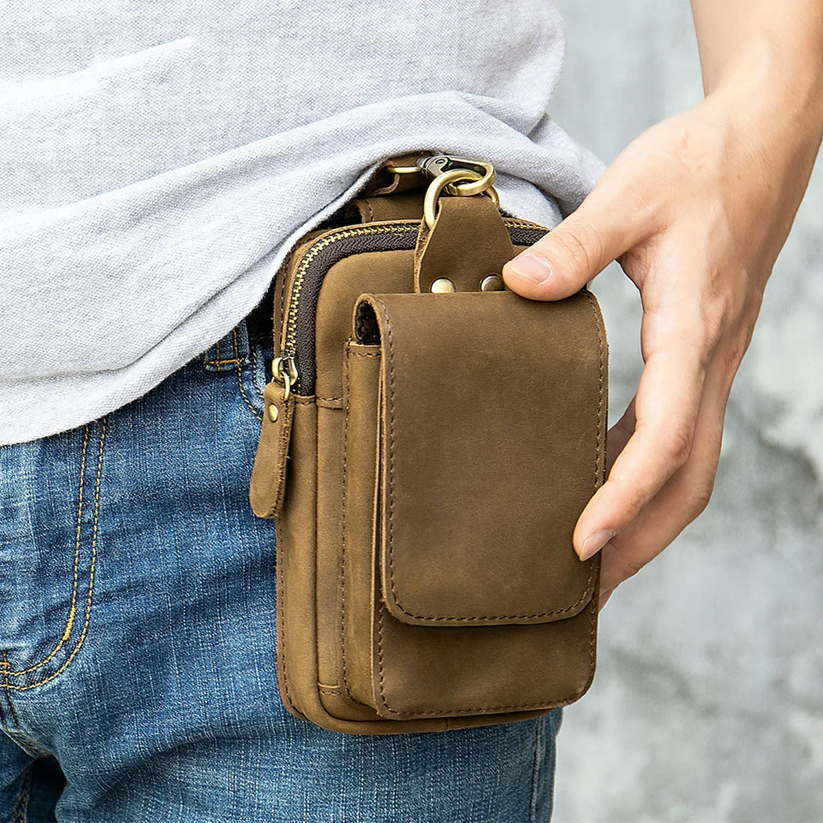 Men’s Leather Belt Pouch - Phone Holster with Belt Loop & Clip