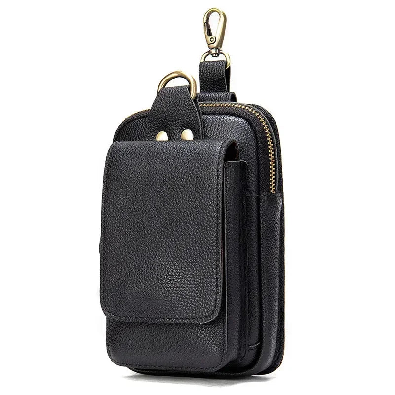Men’s Leather Belt Pouch - Phone Holster with Belt Loop & Clip - Black