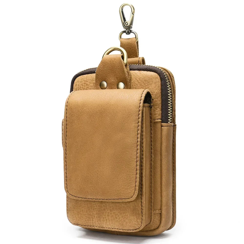 Men’s Leather Belt Pouch - Phone Holster with Belt Loop & Clip - Camel