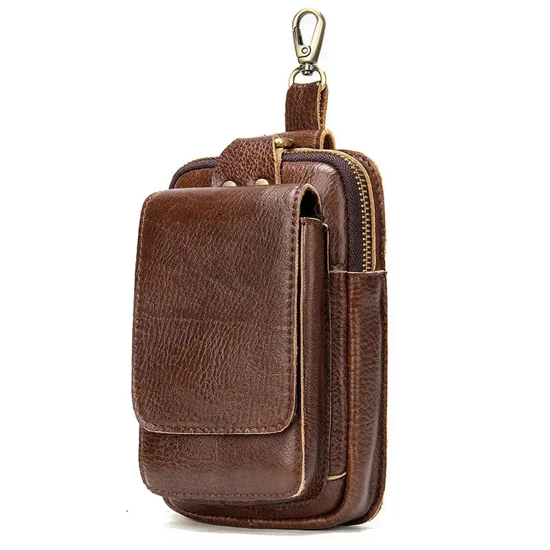Men’s Leather Belt Pouch - Phone Holster with Belt Loop & Clip - Dark brown