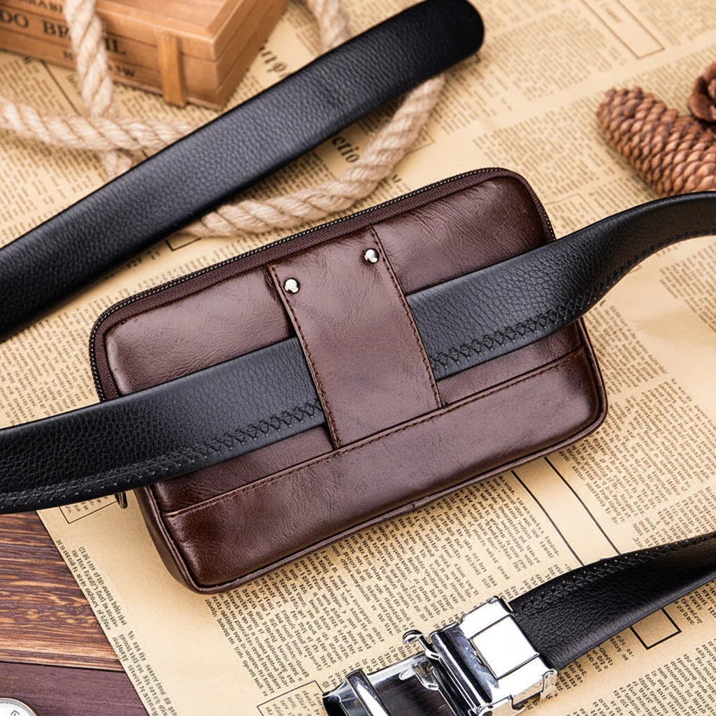 Men’s Leather Belt Pouch - Snap Flap Front Pocket
