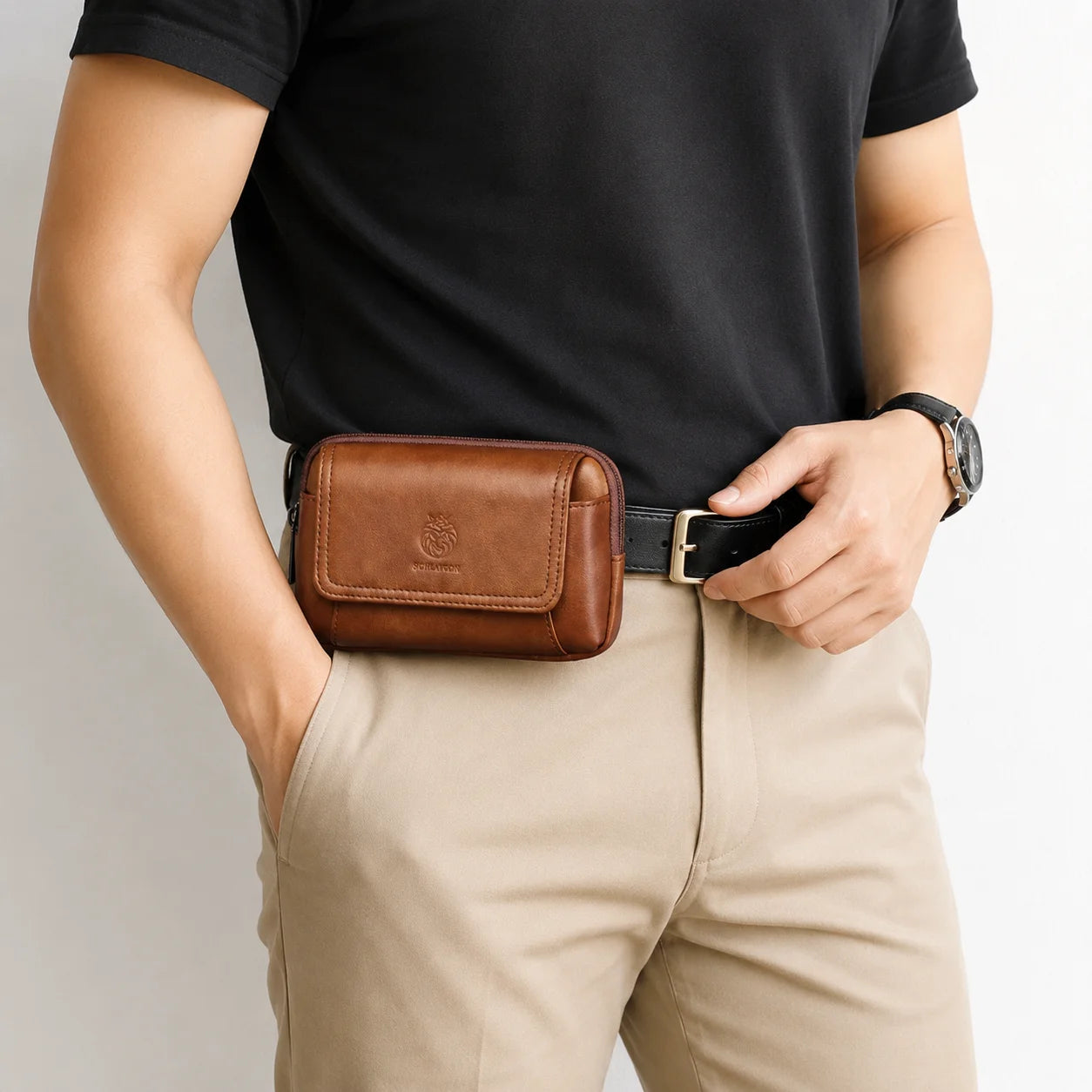 Men’s Leather Belt Pouch - Snap Flap Front Pocket