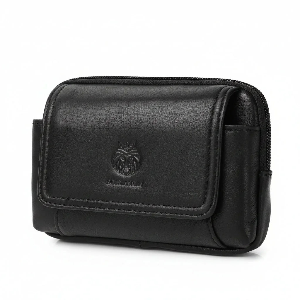 Men’s Leather Belt Pouch - Snap Flap Front Pocket - Black