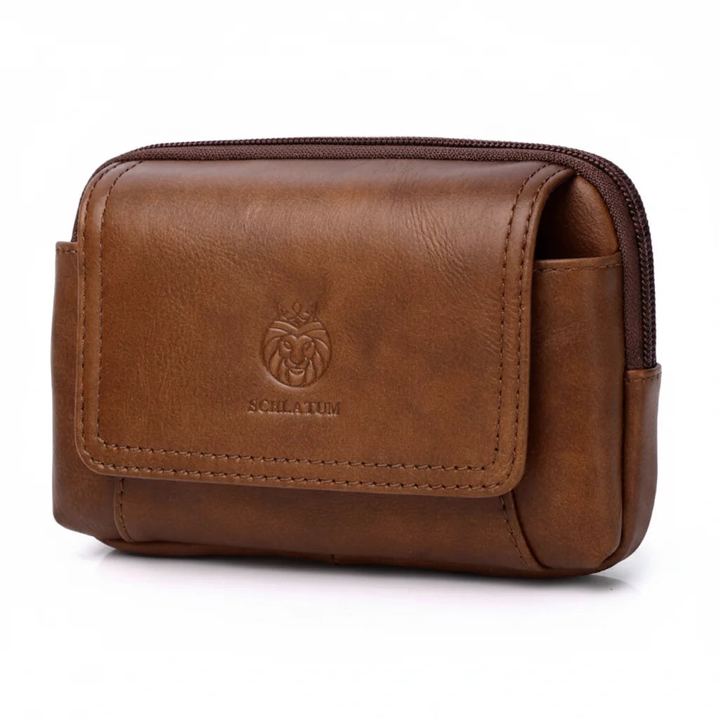 Men’s Leather Belt Pouch - Snap Flap Front Pocket - Brown