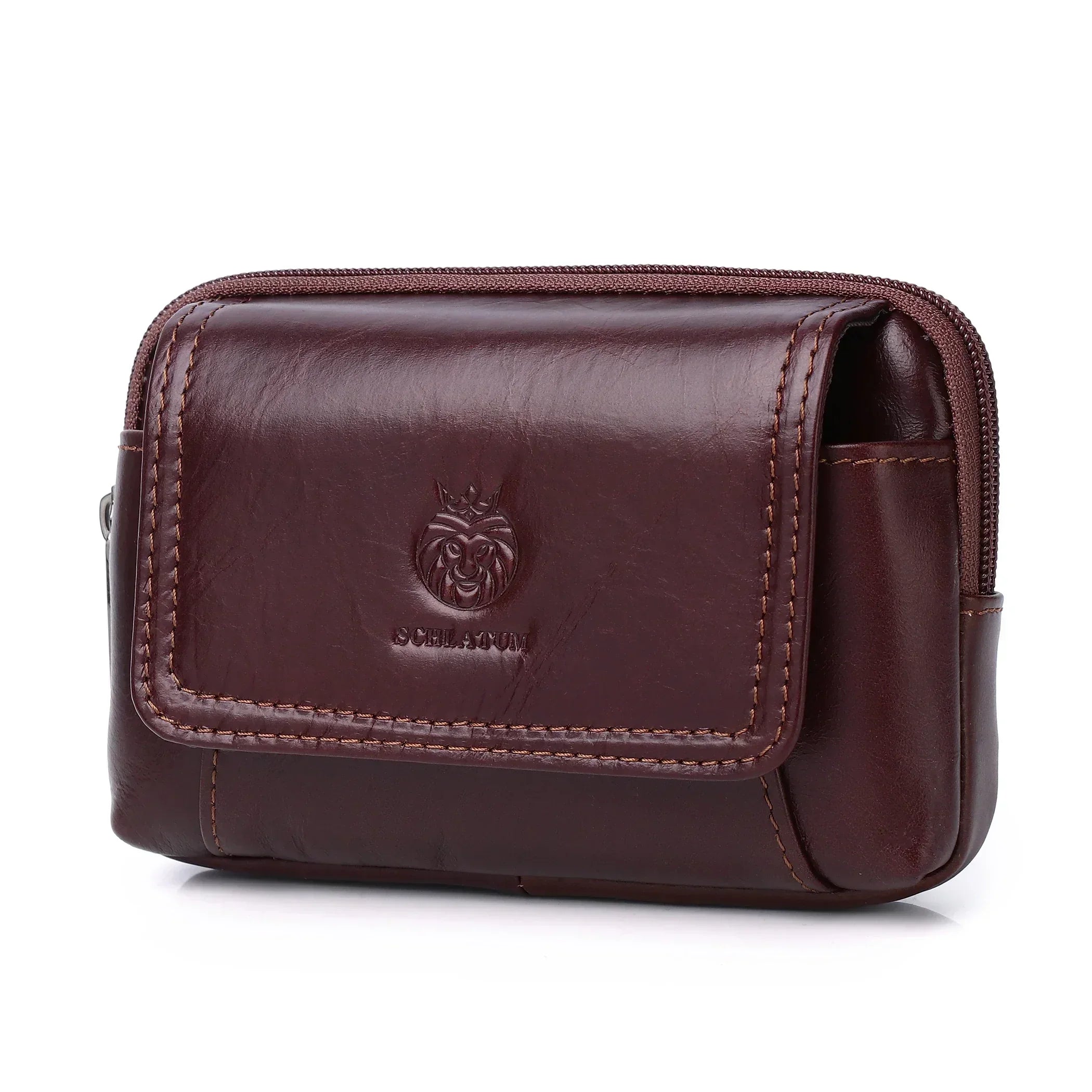 Men’s Leather Belt Pouch - Snap Flap Front Pocket - Coffee