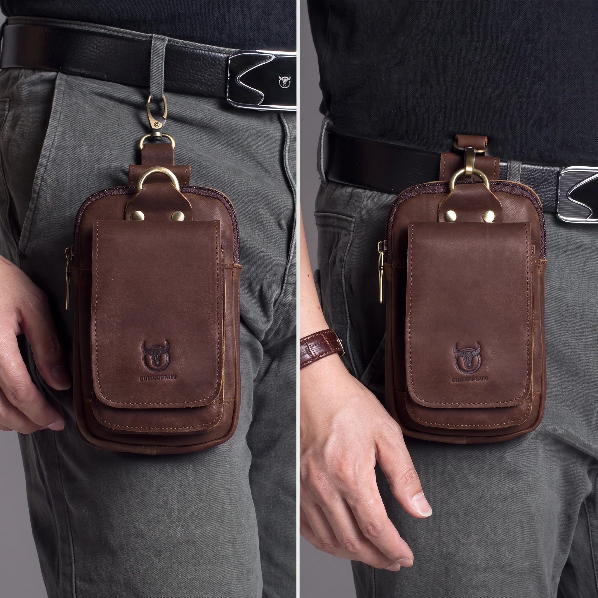 Men’s Leather Belt Pouch - Swivel Clip Two-Pocket Case
