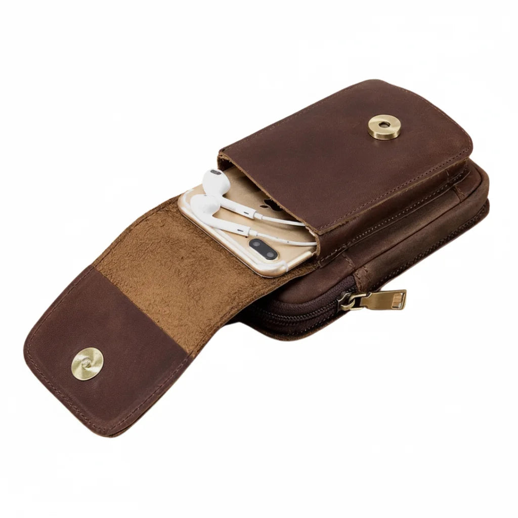 Men’s Leather Belt Pouch - Swivel Clip Two-Pocket Case