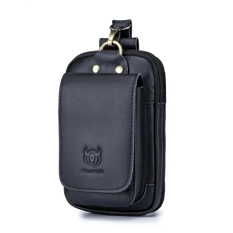 Men’s Leather Belt Pouch - Swivel Clip Two-Pocket Case - Black