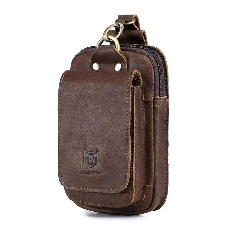 Men’s Leather Belt Pouch - Swivel Clip Two-Pocket Case - Dark brown