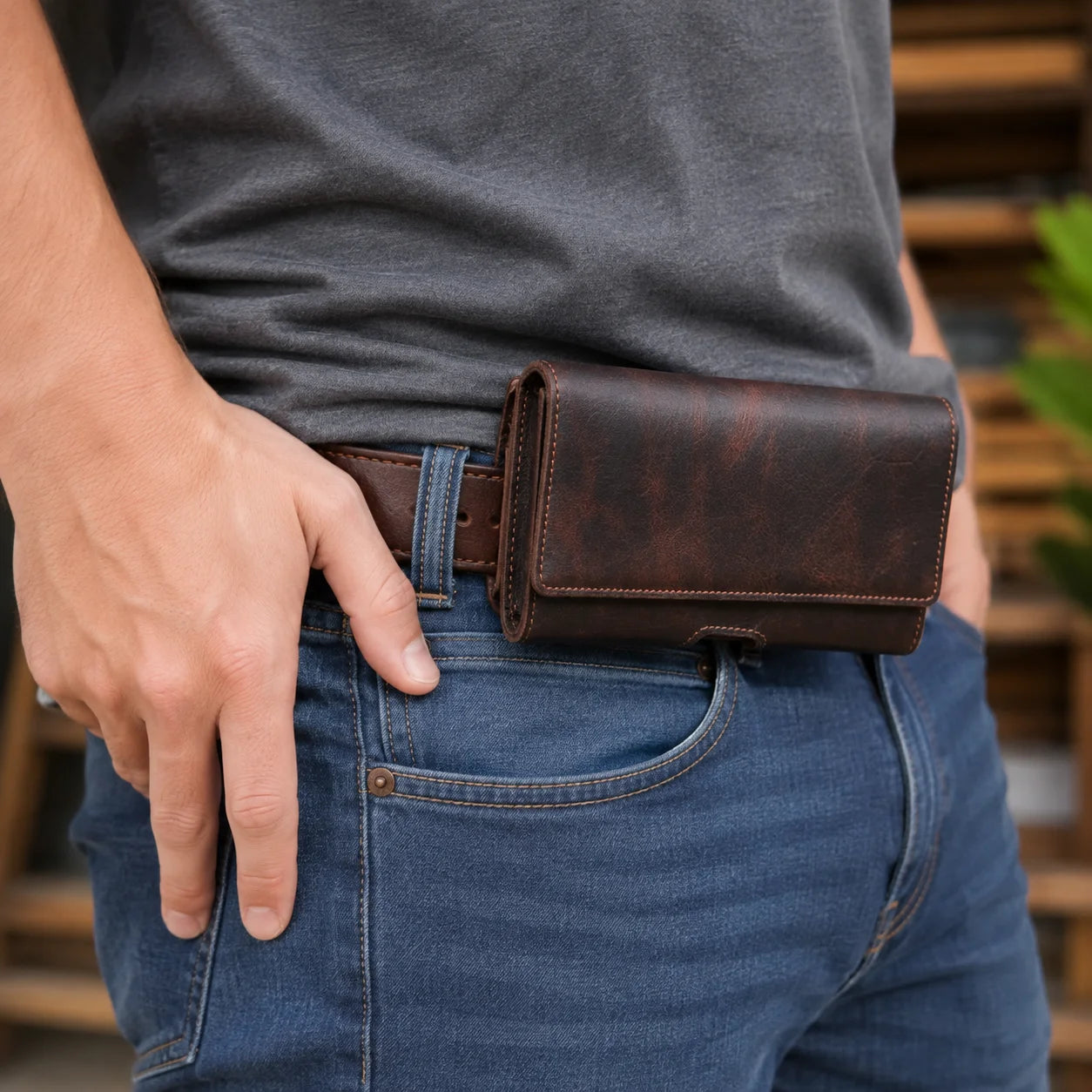 Men’s Leather Belt Pouch - Trifold Phone & Card Organizer