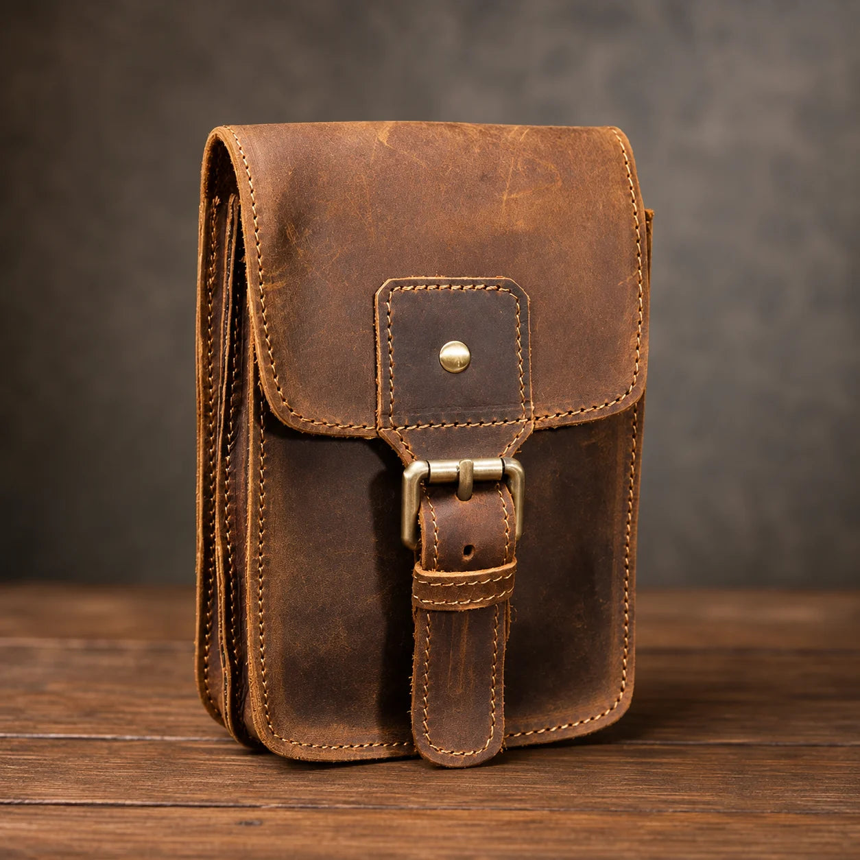 Men’s Leather Belt Pouch - Vertical Buckle Flap Design