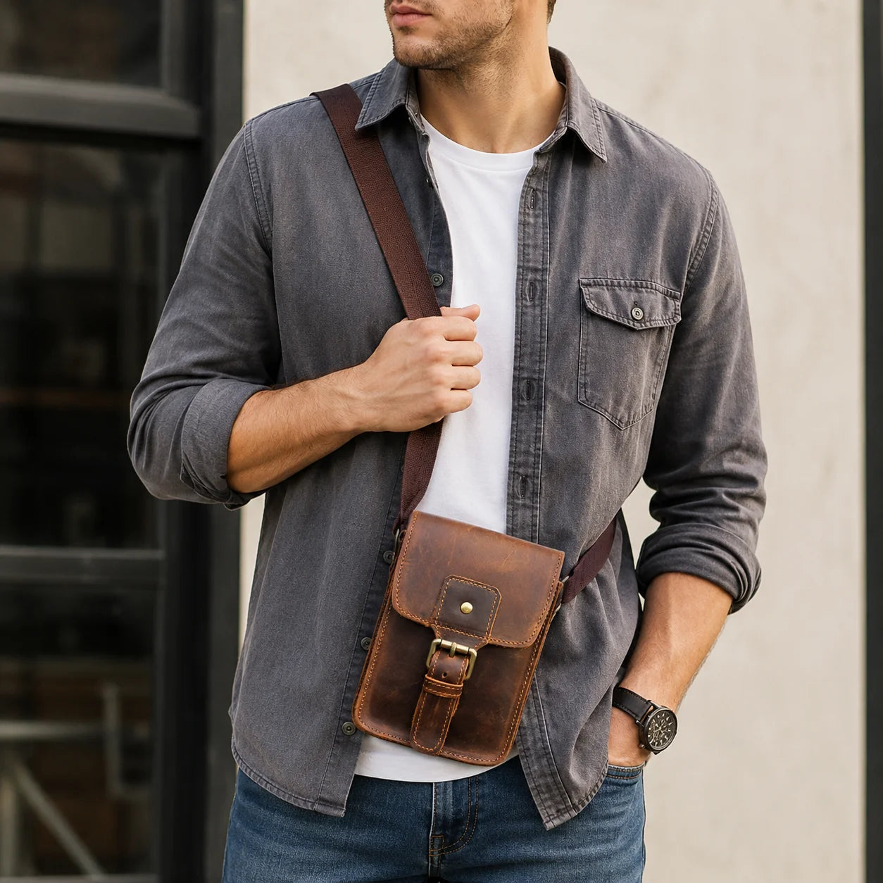 Men’s Leather Belt Pouch - Vertical Buckle Flap Design