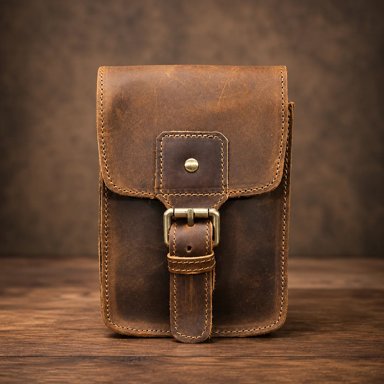 Men’s Leather Belt Pouch - Vertical Buckle Flap Design