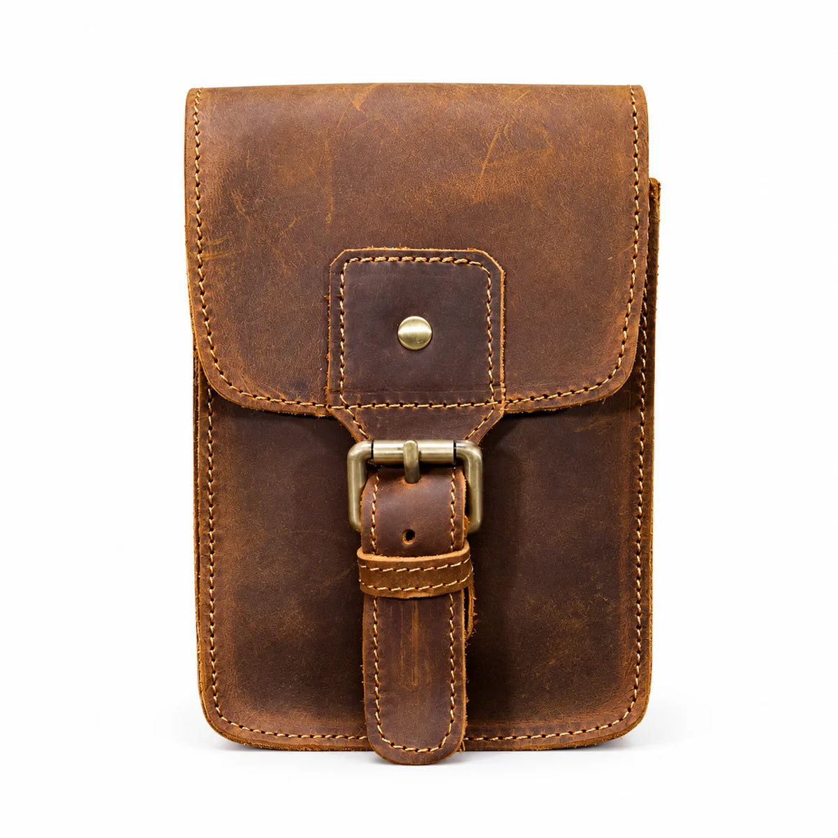 Men’s Leather Belt Pouch - Vertical Buckle Flap Design - Brown