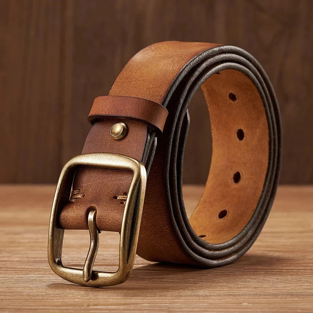 Men’s Leather Belt - Thick 1.5 in Belt with Copper Pin Buckle - Tan / 41