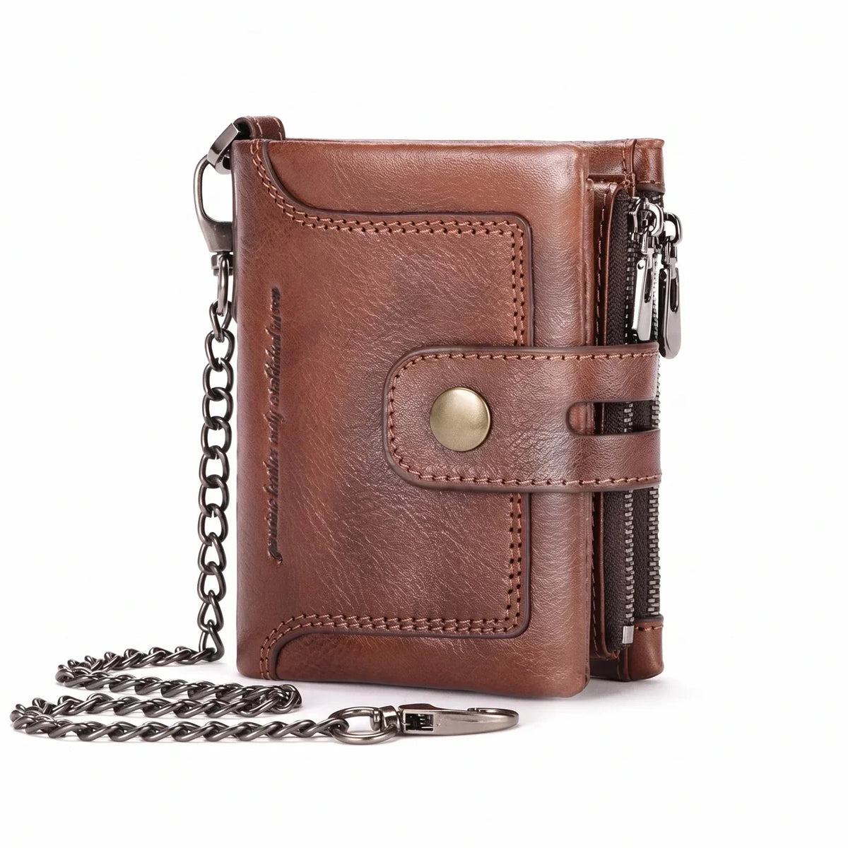 Men’s Leather Biker Wallet - Detachable Chain Snap Tab & 12 Card Slots - Coffee