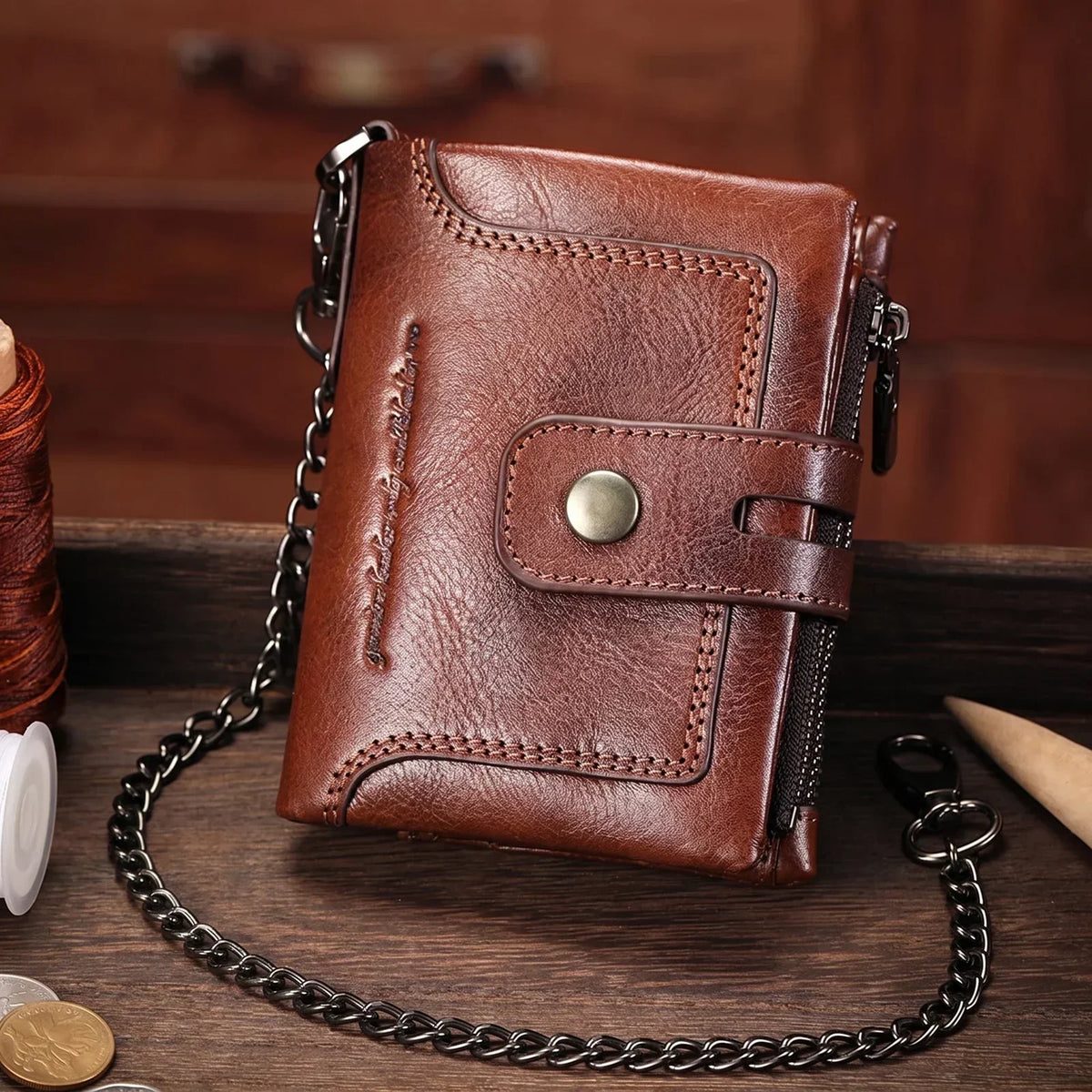 Men’s Leather Biker Wallet - Detachable Chain Snap Tab & 12 Card Slots