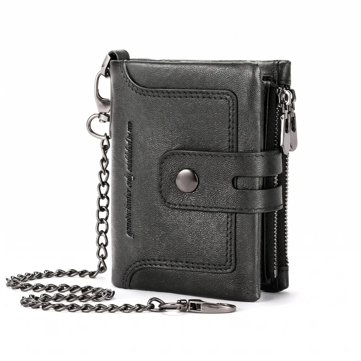 Men’s Leather Biker Wallet - Detachable Chain Snap Tab & 12 Card Slots - Black