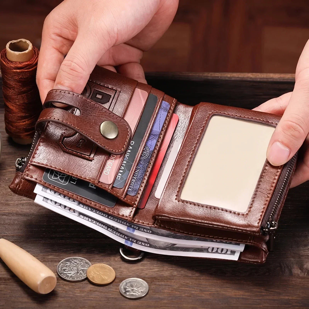 Men’s Leather Biker Wallet - Detachable Chain Snap Tab & 12 Card Slots