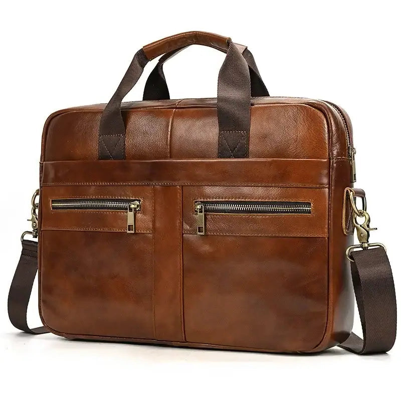 Men’s Leather Briefcase – 14 Inch Business Document Bag - Brown