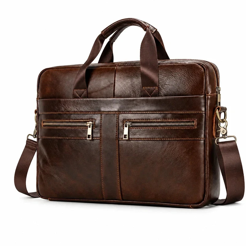 Men’s Leather Briefcase – 14 Inch Business Document Bag - Dark brown
