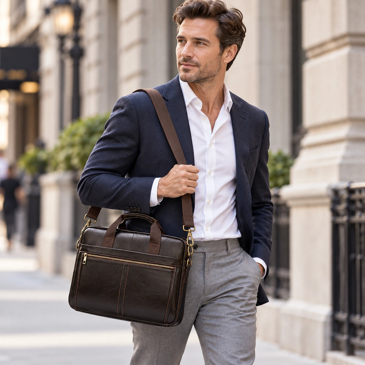 Men’s Leather Briefcase – 14 Inch Business Laptop Work Bag