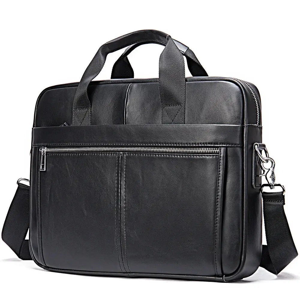 Men’s Leather Briefcase – 14 Inch Business Laptop Work Bag - Black