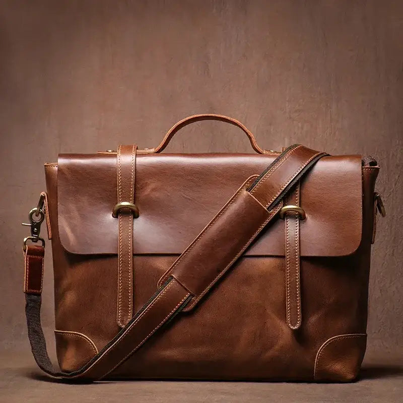 Men’s Leather Briefcase - 15’’ Laptop Flap Work Bag - Dark brown