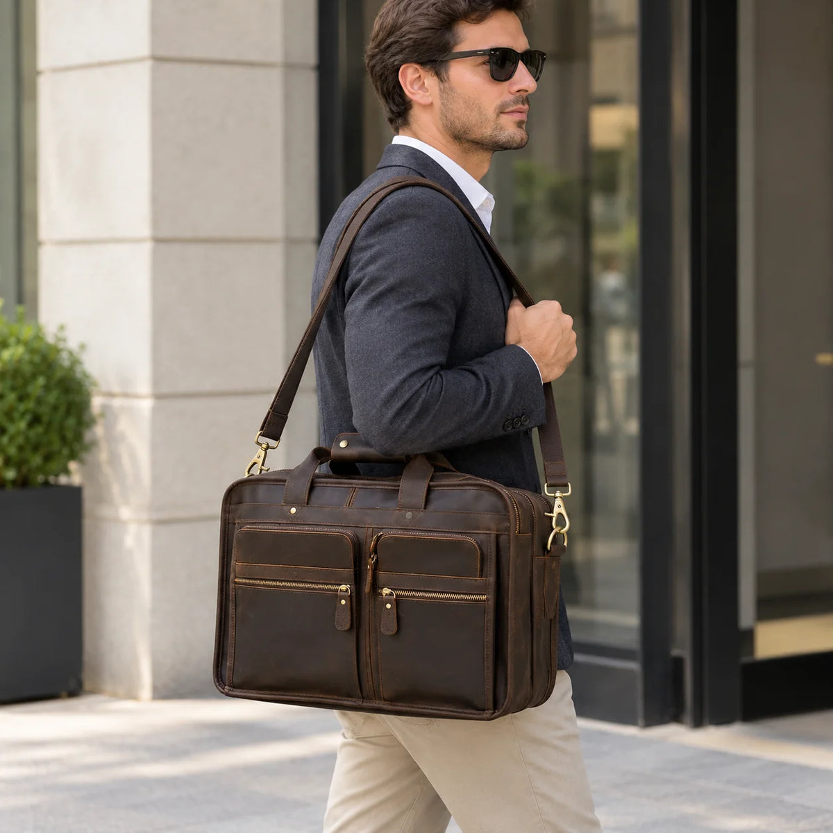 Men’s Leather Briefcase - 3-Compartment Crazy Horse Work Bag