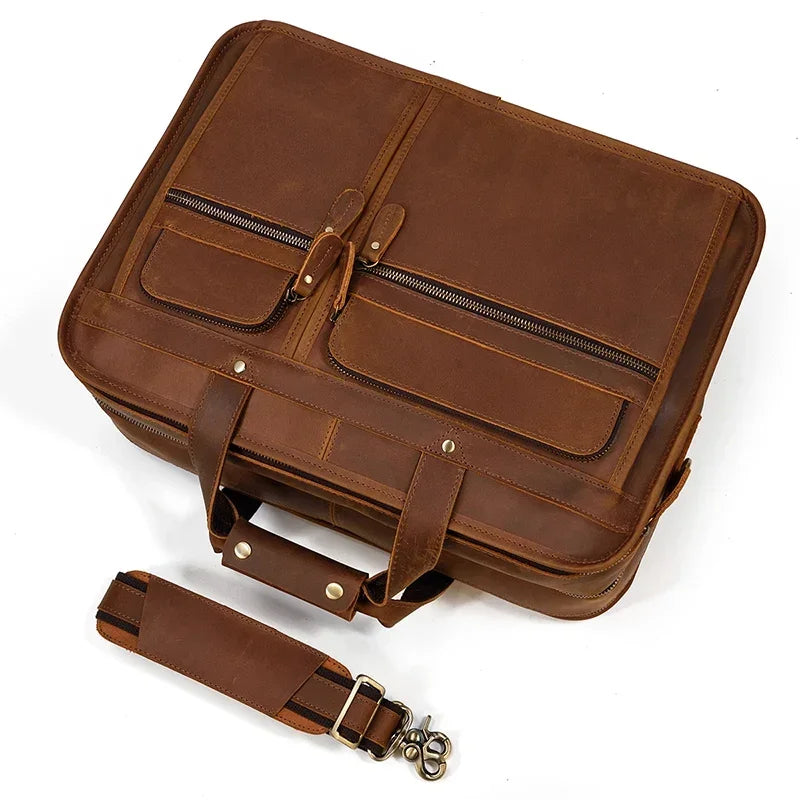Men’s Leather Briefcase - 3-Compartment Crazy Horse Work Bag