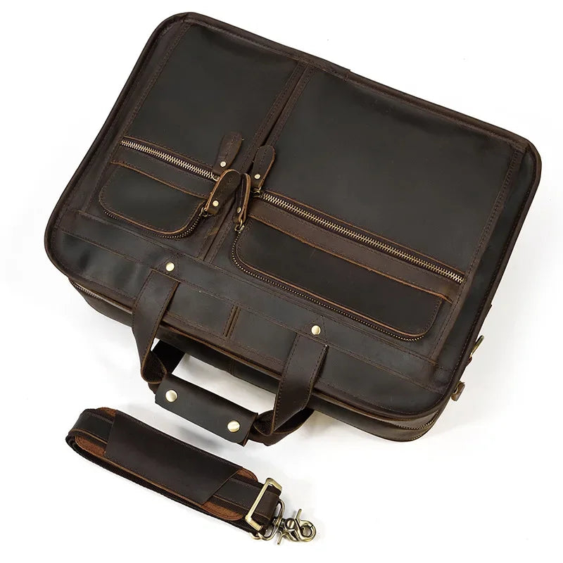 Men’s Leather Briefcase - 3-Compartment Crazy Horse Work Bag