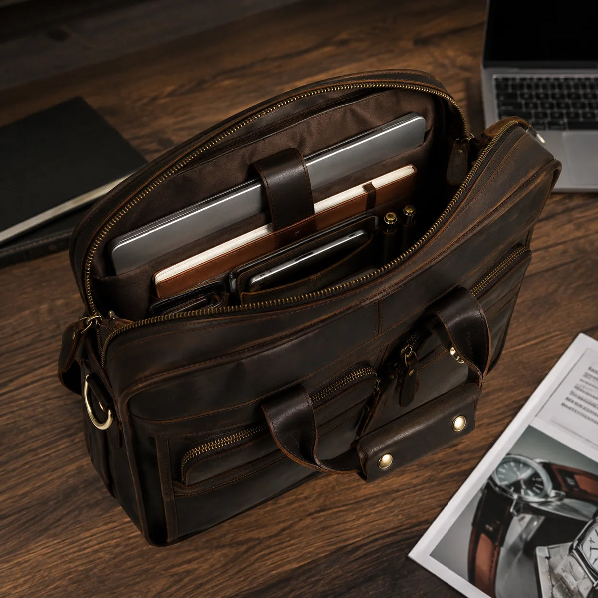 Men’s Leather Briefcase - 3-Compartment Crazy Horse Work Bag