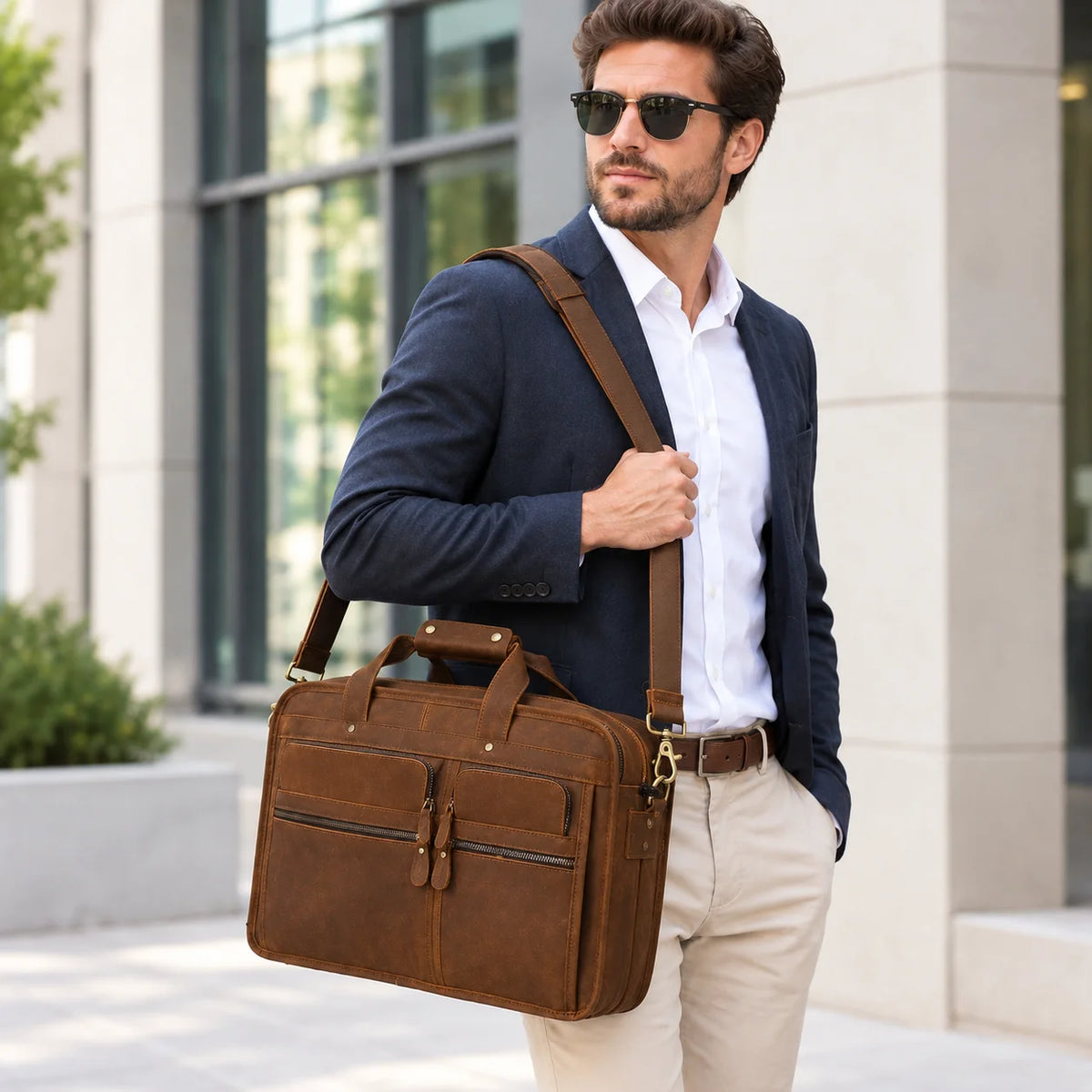 Men’s Leather Briefcase - 3-Compartment Crazy Horse Work Bag