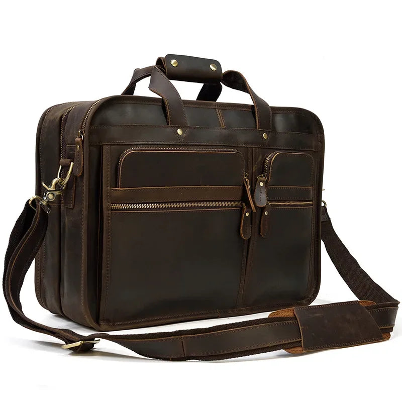 Men’s Leather Briefcase - 3-Compartment Crazy Horse Work Bag