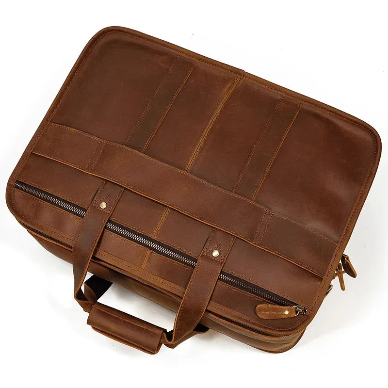 Men’s Leather Briefcase - 3-Compartment Crazy Horse Work Bag