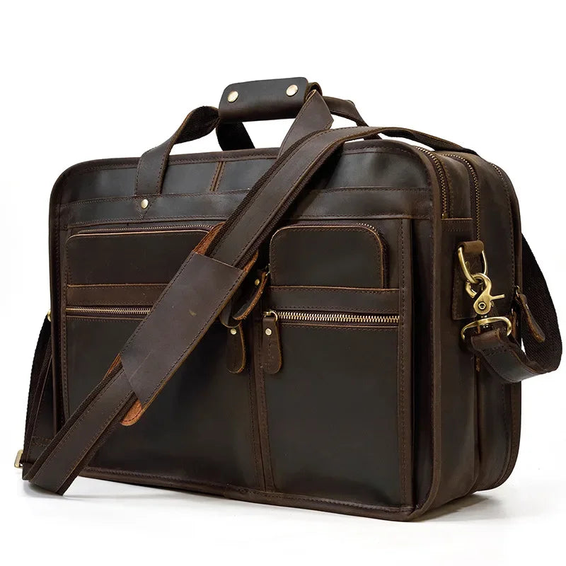 Men’s Leather Briefcase - 3-Compartment Crazy Horse Work Bag - Dark brown